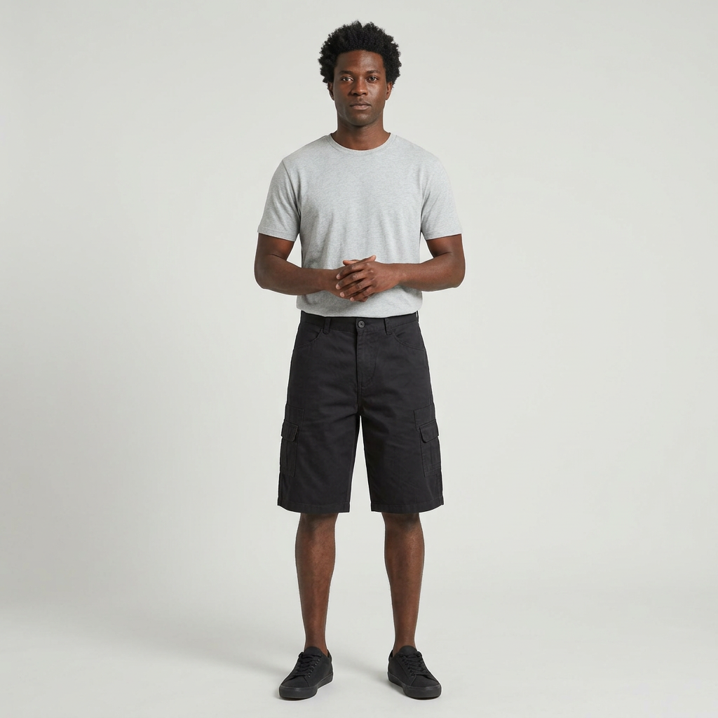Full-body male model wearing black flap-pocket cargo shorts