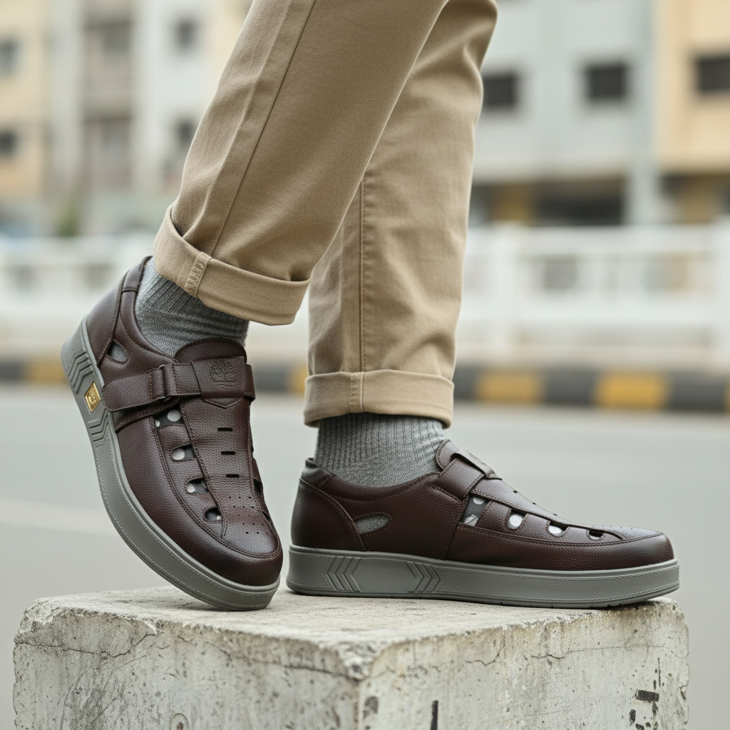 Model wearing dark brown pebbled leather ventilated velcro-strap slip-on shoes leg shot