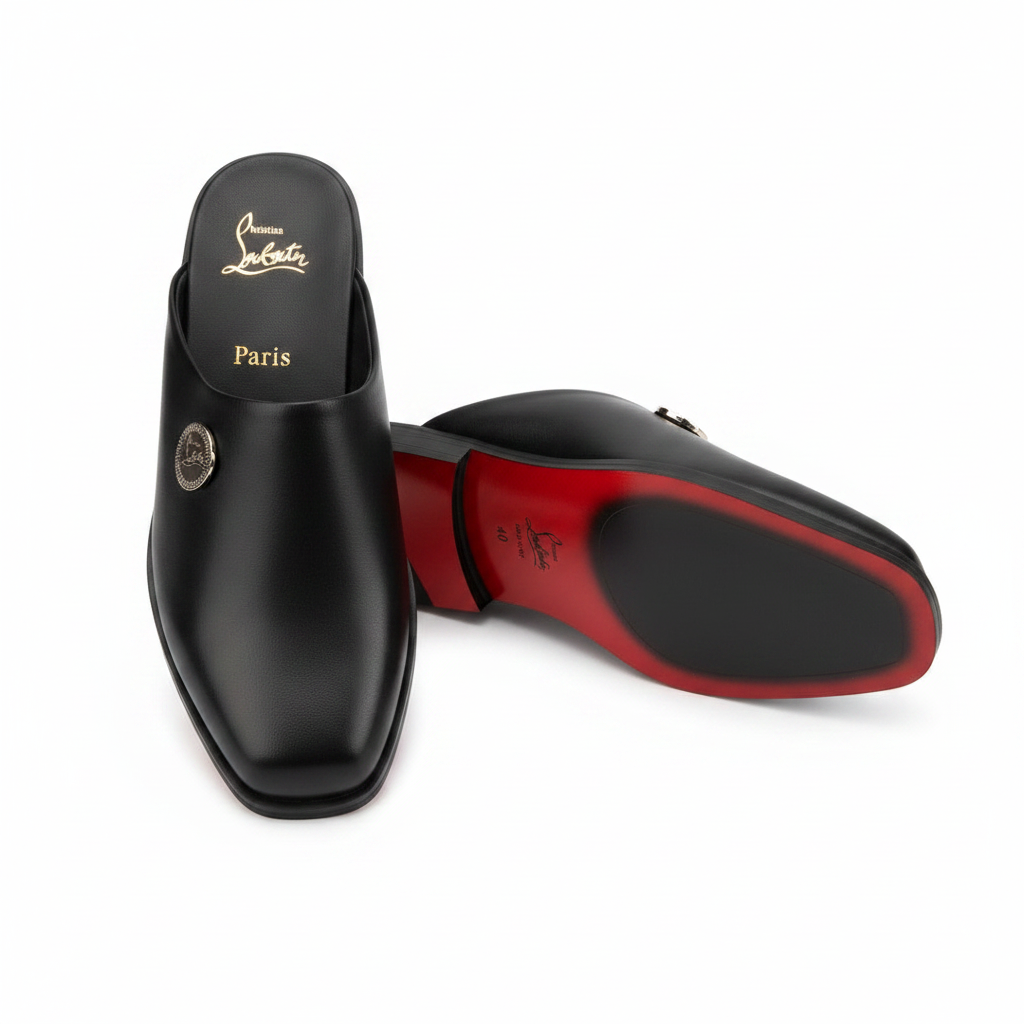 Black leather red sole medallion mule ghost mannequin product shot showing iconic red lacquered sole, plain white background