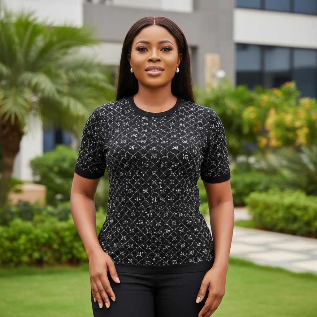 Model shot — Women's Black Floral Print Short-Sleeve Top