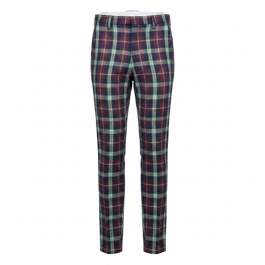 Burgundy Navy Mint Tartan Trousers – Front Ghost Mannequin