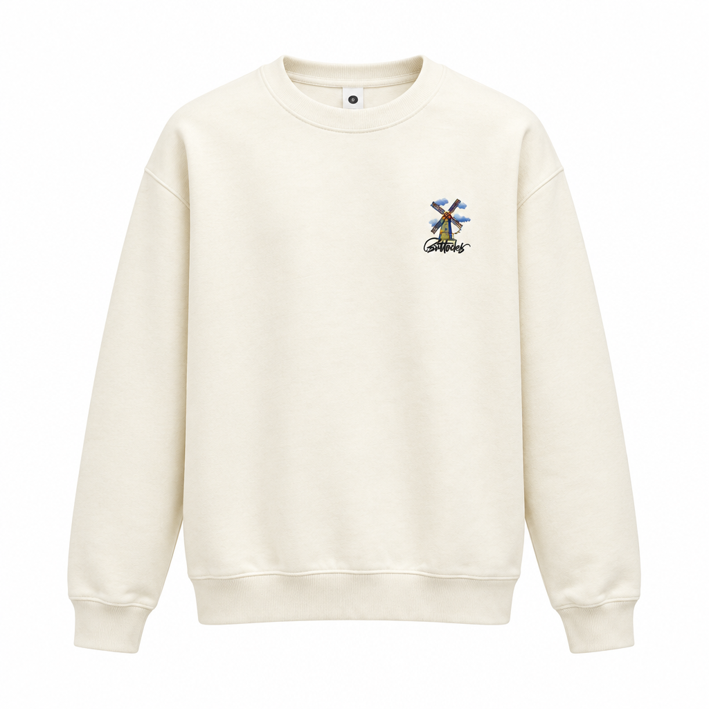 Cream windmill-graphic sweatshirt front view