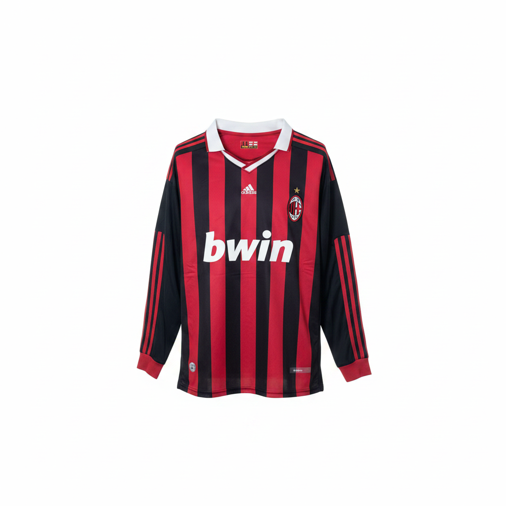 Red and black striped long-sleeve retro football jersey with V-neck collar and red sleeve stripes, ghost mannequin front view