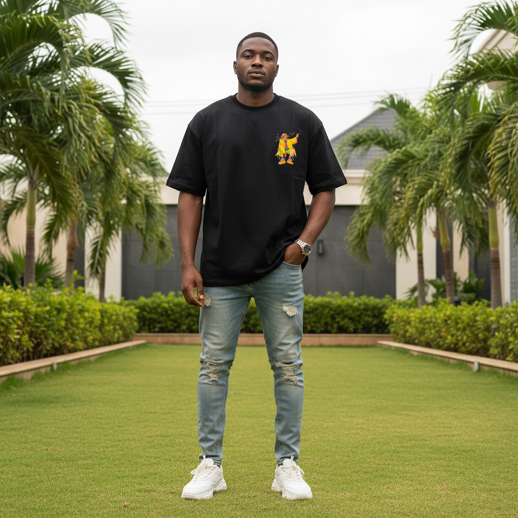 Nigerian male model wearing black pop-art streetwear character graphic tee – front view
