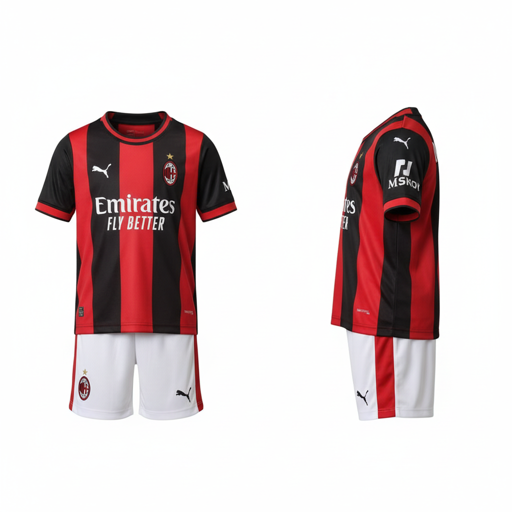 Kids black and red stripe football jersey and white shorts set ghost mannequin front and side view