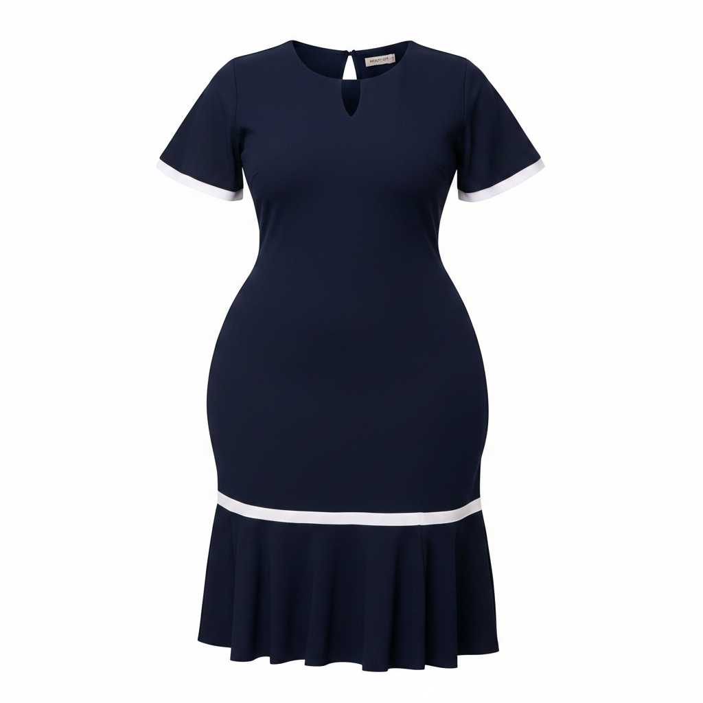 Women's navy blue white contrast trim keyhole neck trumpet hem midi dress - ghost mannequin view