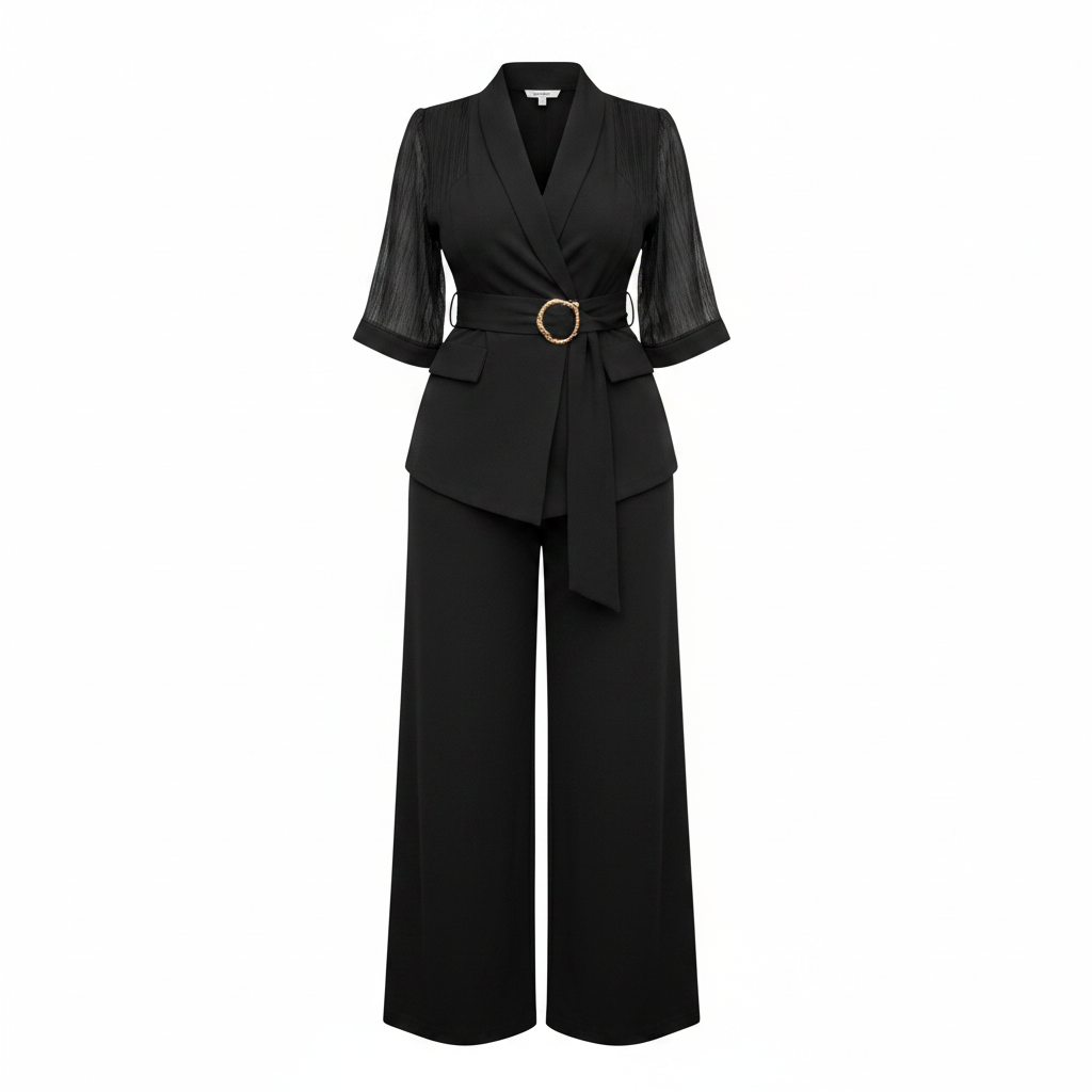 Women's 3/4-sleeve wrap-front belted wide-leg jumpsuit in black – ghost mannequin front view