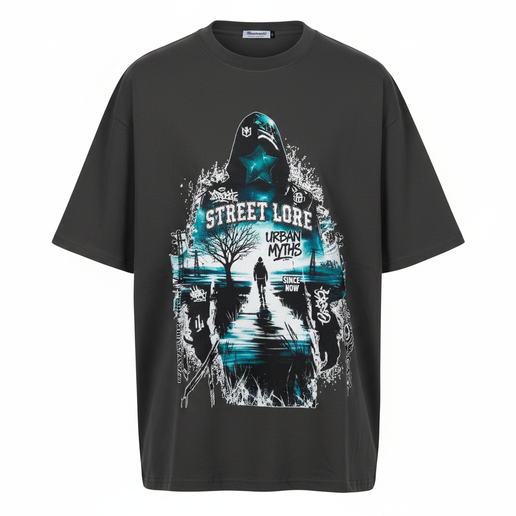 Unisex charcoal street lore urban myths graphic oversized tee – ghost mannequin front view