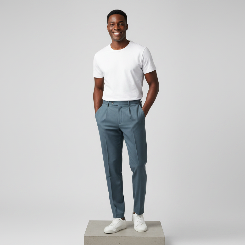 Steel Blue Pleated Tapered Trousers - Model Front