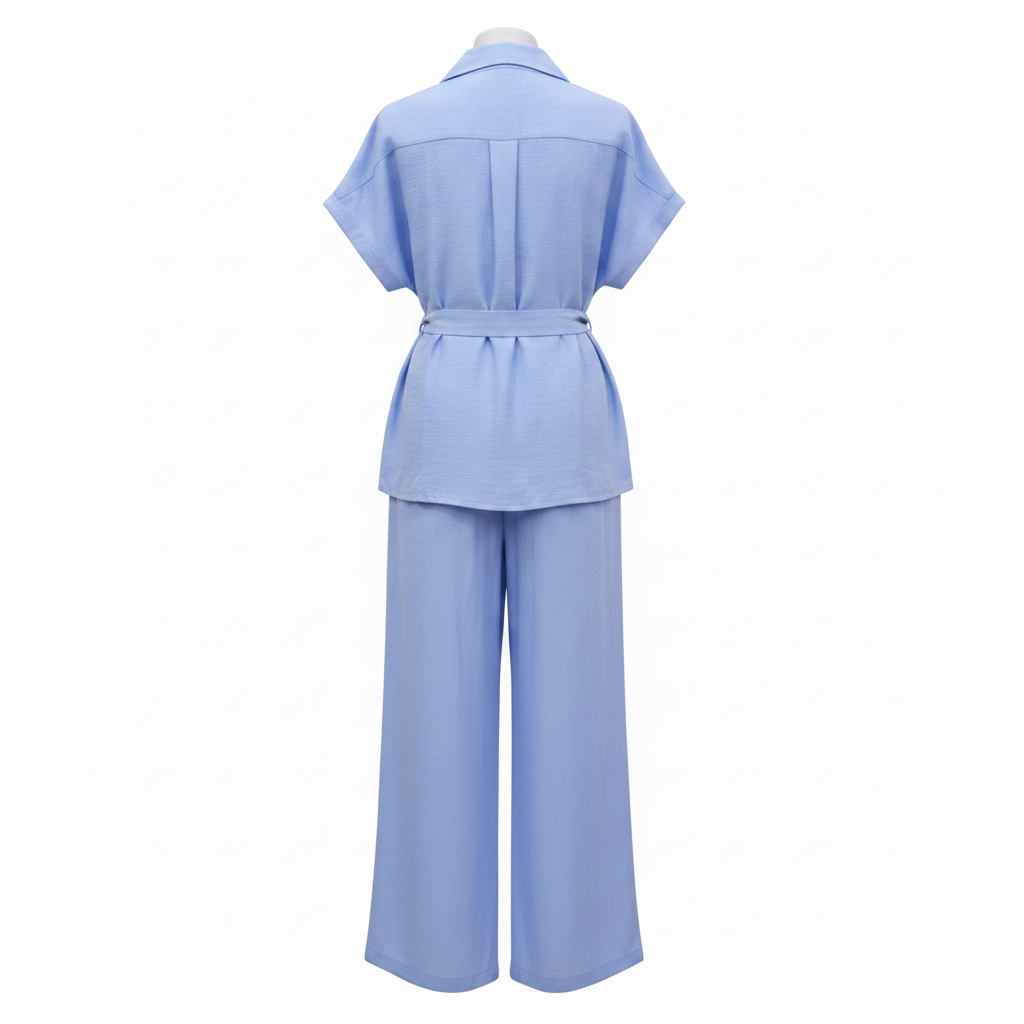 Ghost mannequin back view of sky blue linen co-ord shirt and trouser set