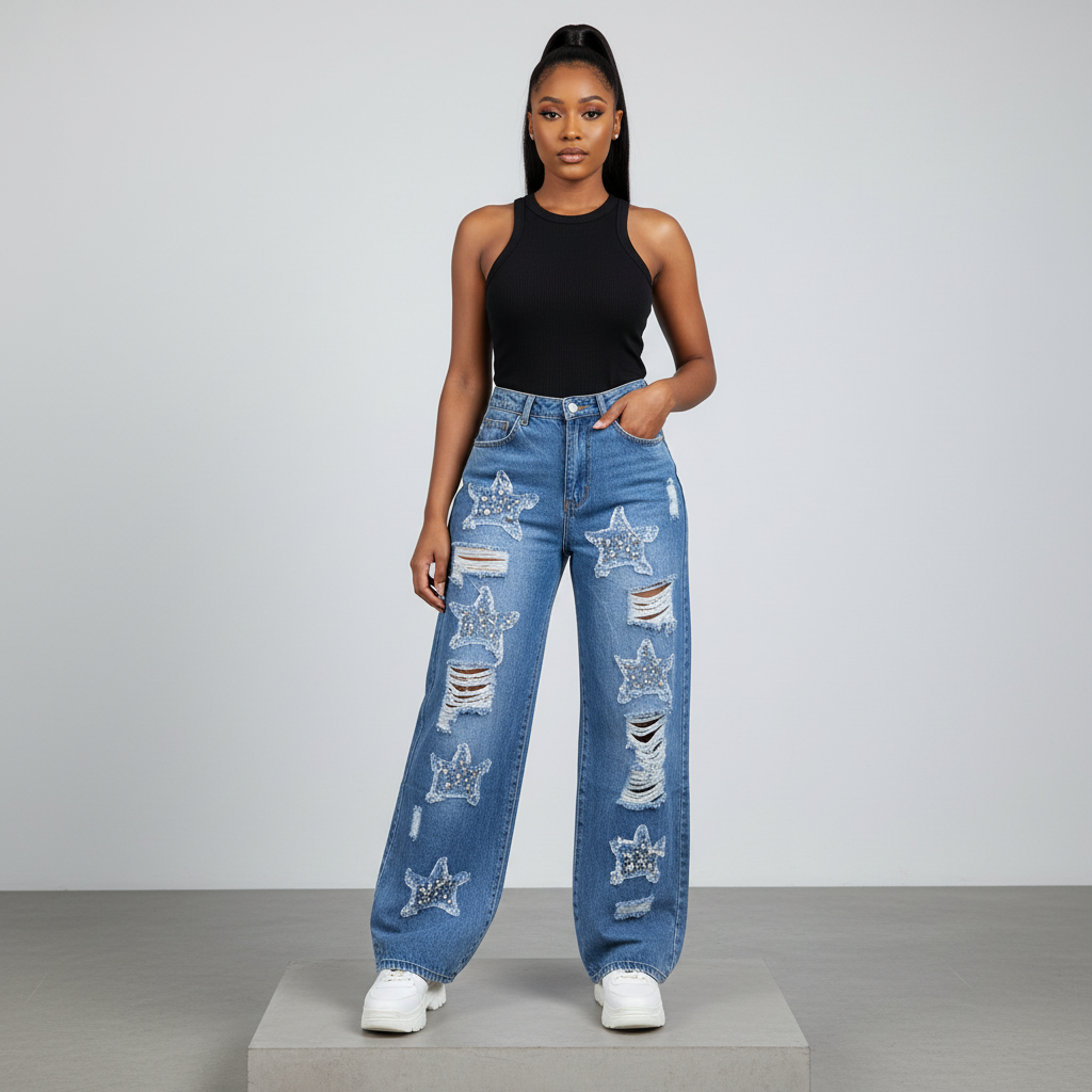 Blue Star Rhinestone Ripped Wide-Leg Jeans - Model Front