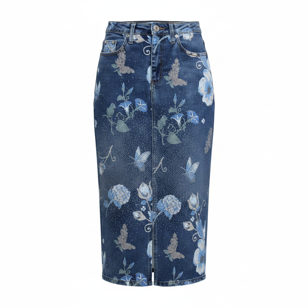 Floral Butterfly Print Rhinestone Midi Denim Skirt – Ghost Mannequin Back
