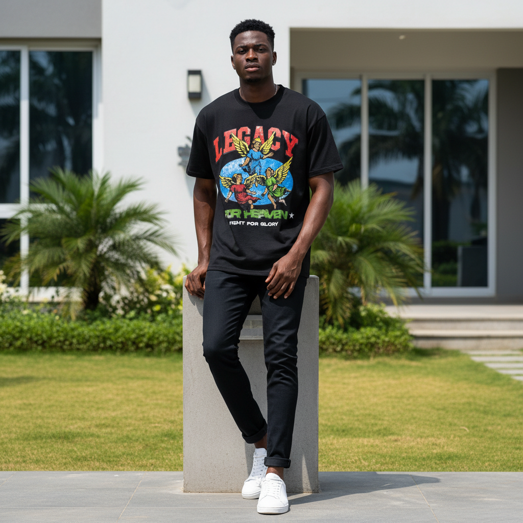 Nigerian male model wearing men's black angel graphic short-sleeve tee full body streetwear editorial shot