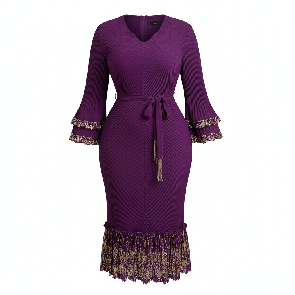 Royal Purple Pleated Bodycon Midi Dress with Gold Lace – Ghost Mannequin
