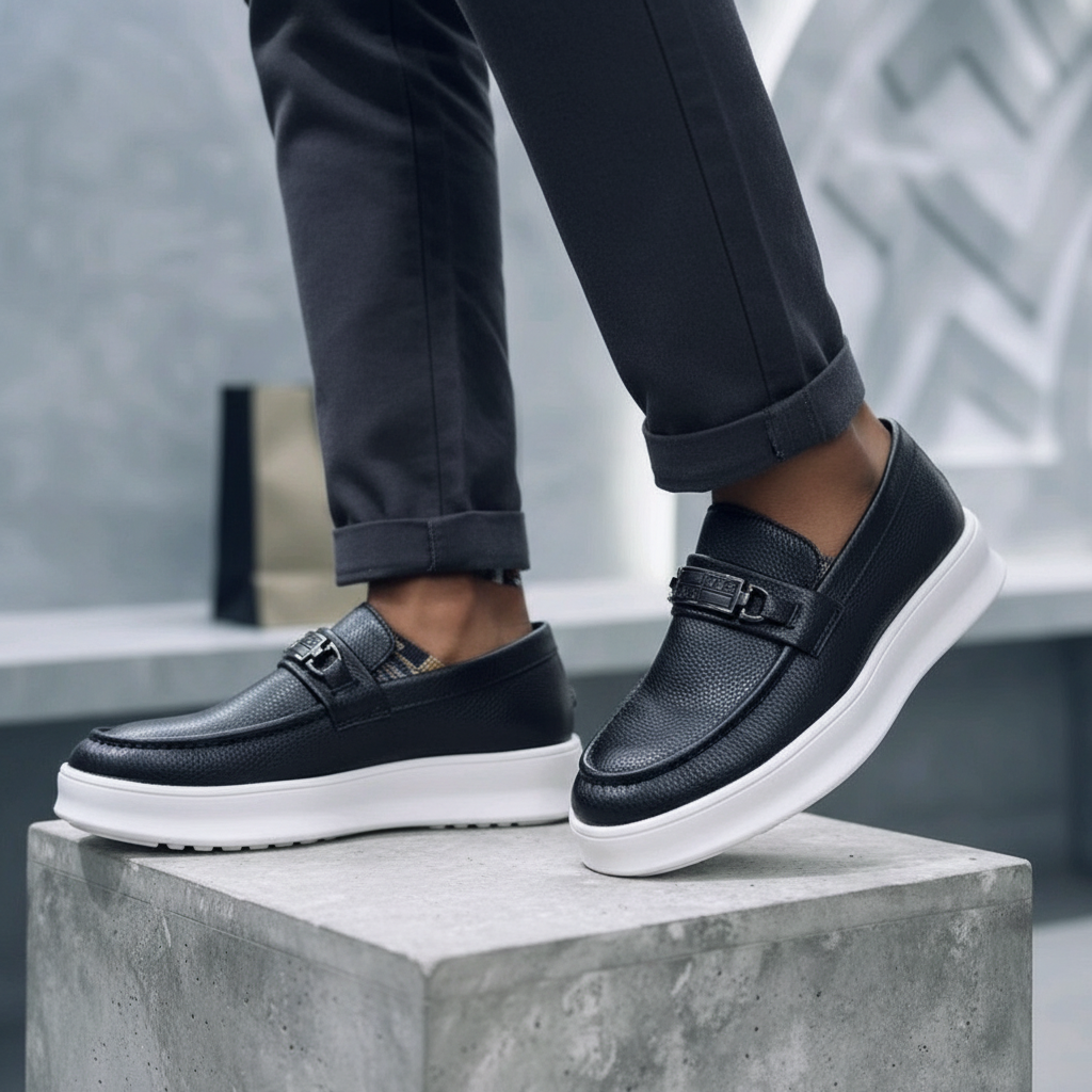 Model wearing all-black pebbled leather platform loafers with metal bar detail leg shot