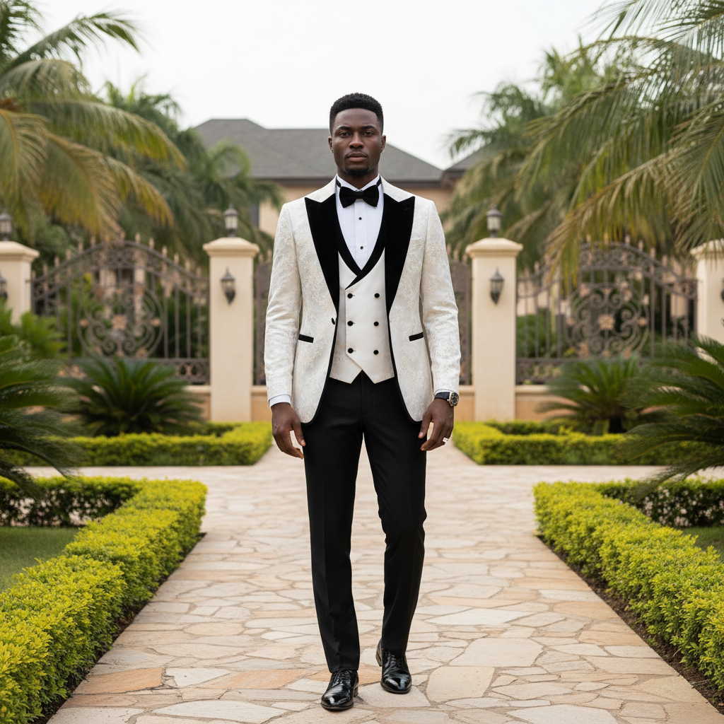 Nigerian male model wearing ivory white floral jacquard tuxedo three-piece suit with black velvet lapels