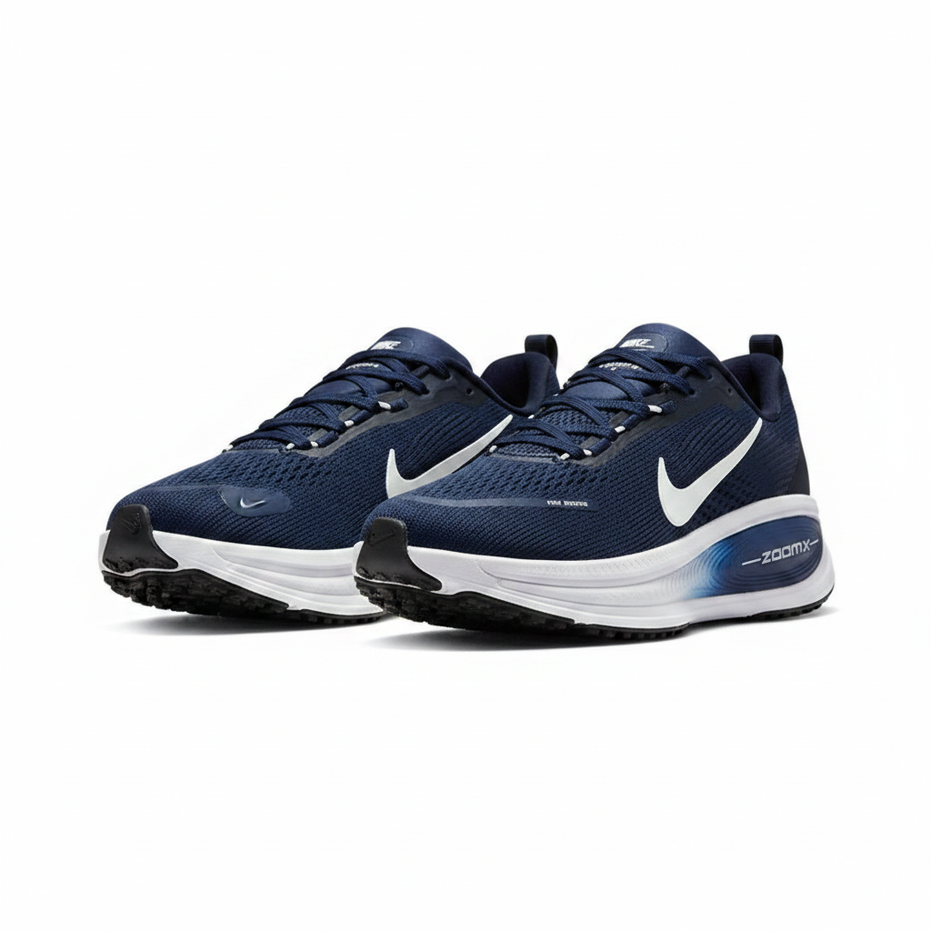 Nike ZoomX navy blue and white running sneaker ghost mannequin product shot, plain white background