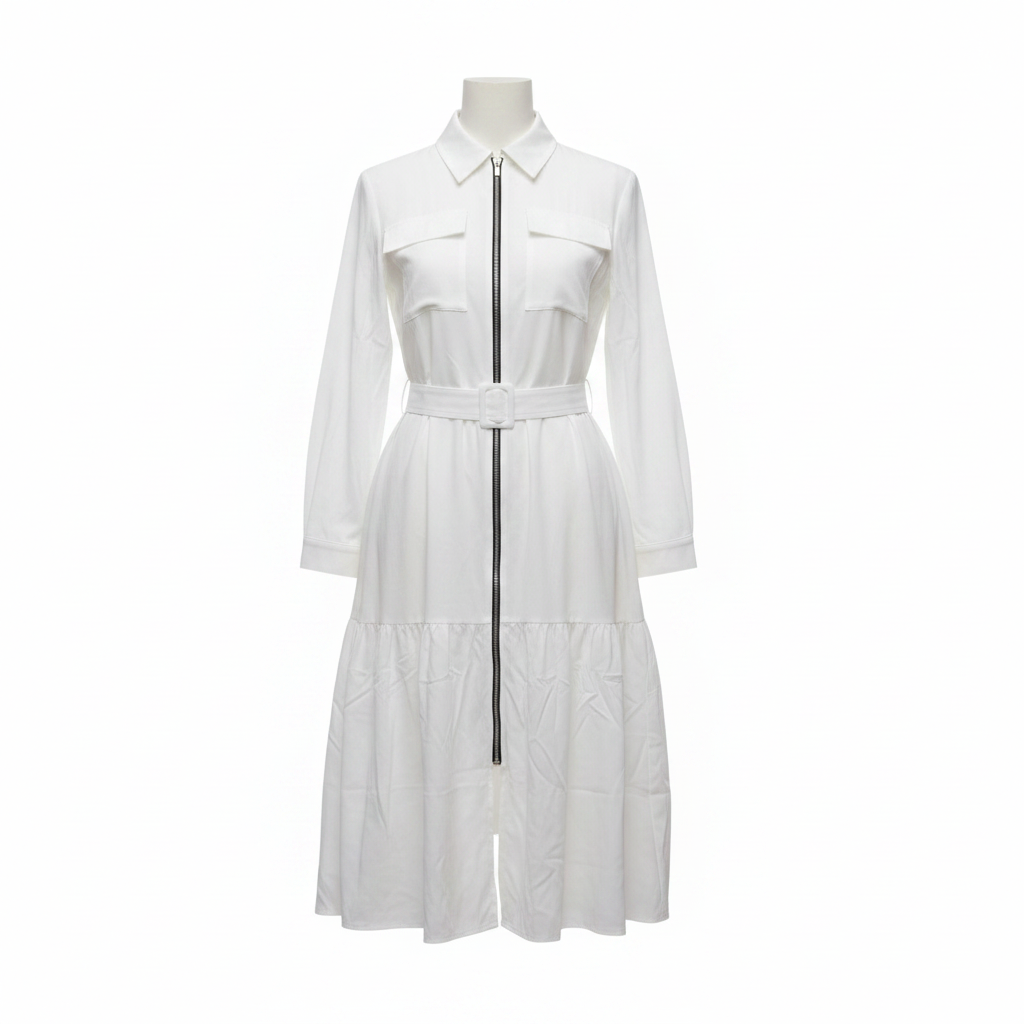 White Zip-Front Belted Shirt Dress - Ghost Mannequin