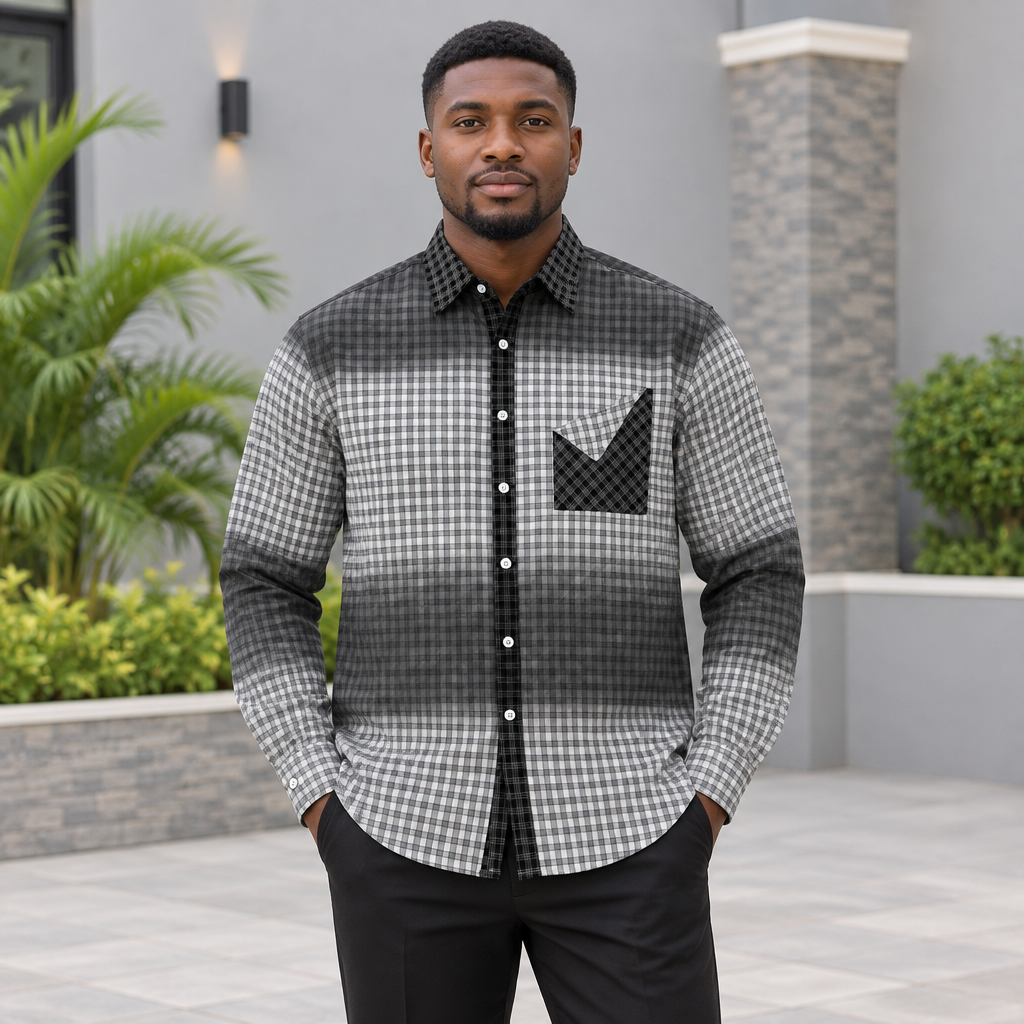 Men's black and grey patchwork check shirt on Black Nigerian model