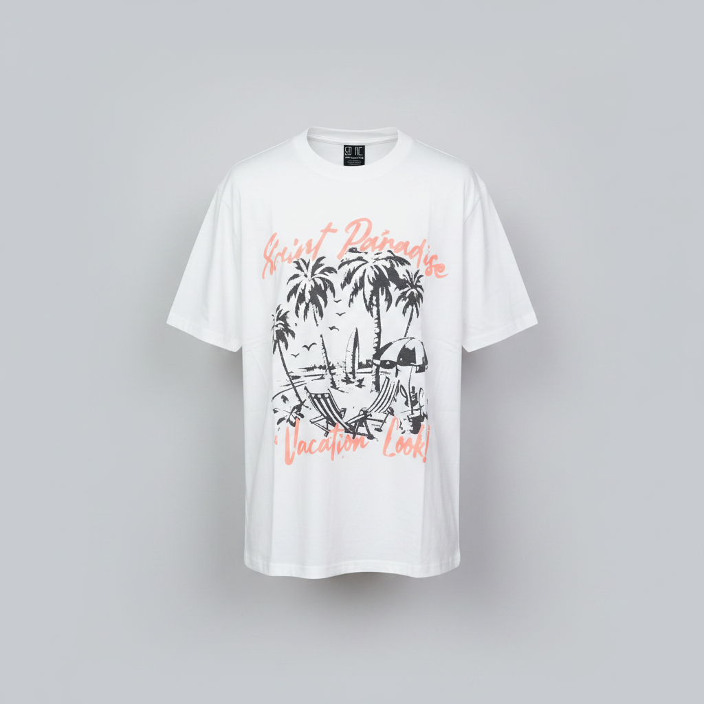 Ghost mannequin front view of the white tropical beach print tee