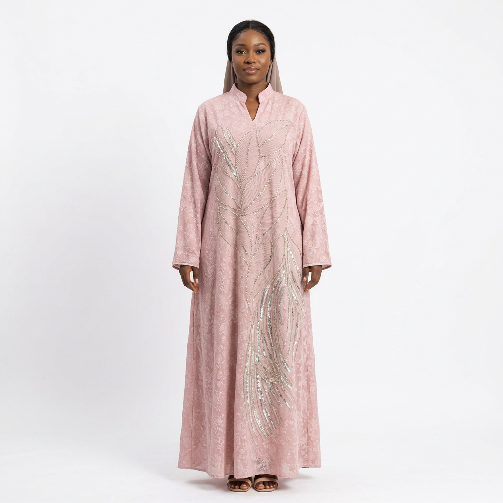 Nigerian female model wearing blush pink embellished abaya against white