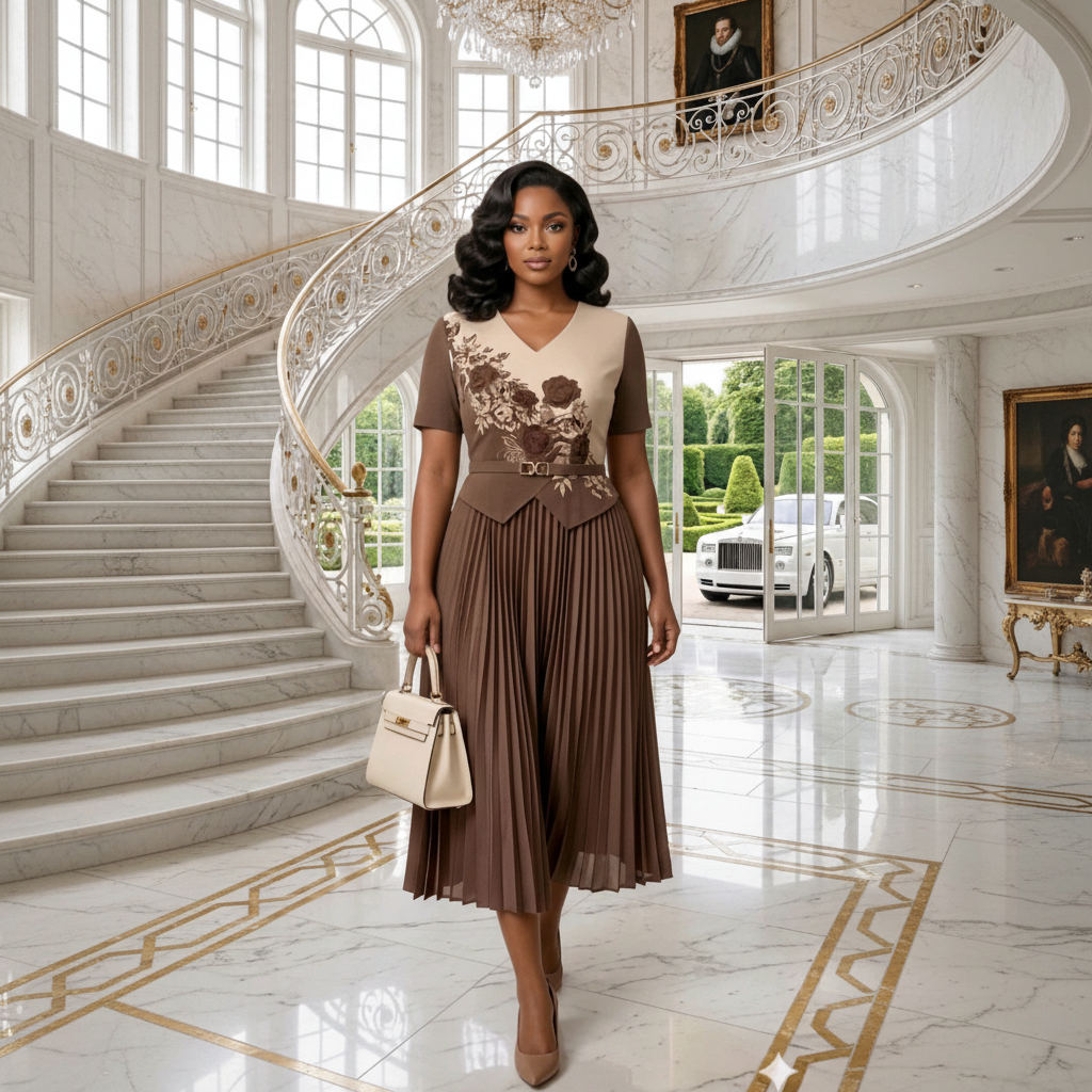 Chocolate Brown & Cream Floral Pleated Skirt Set – Model Shot