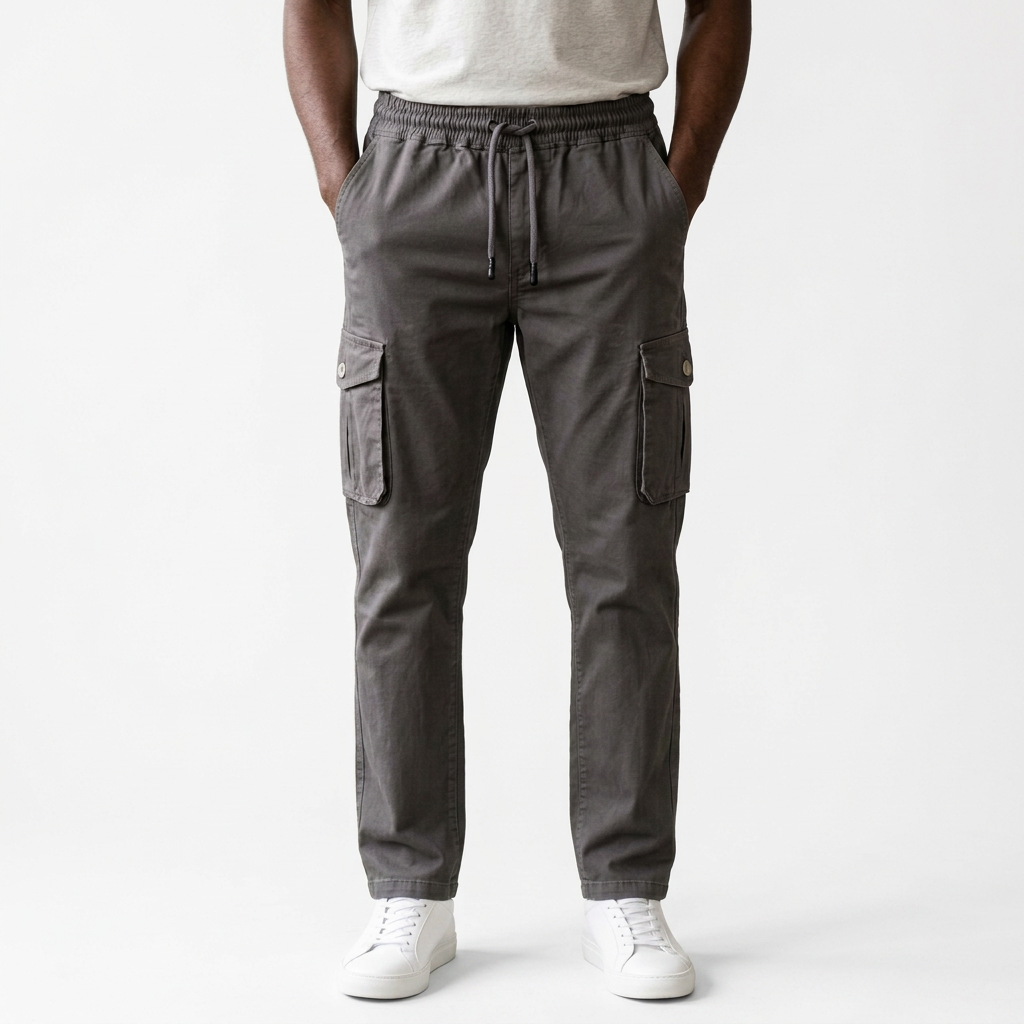 Charcoal cargo trousers worn by a Black model against a plain white background