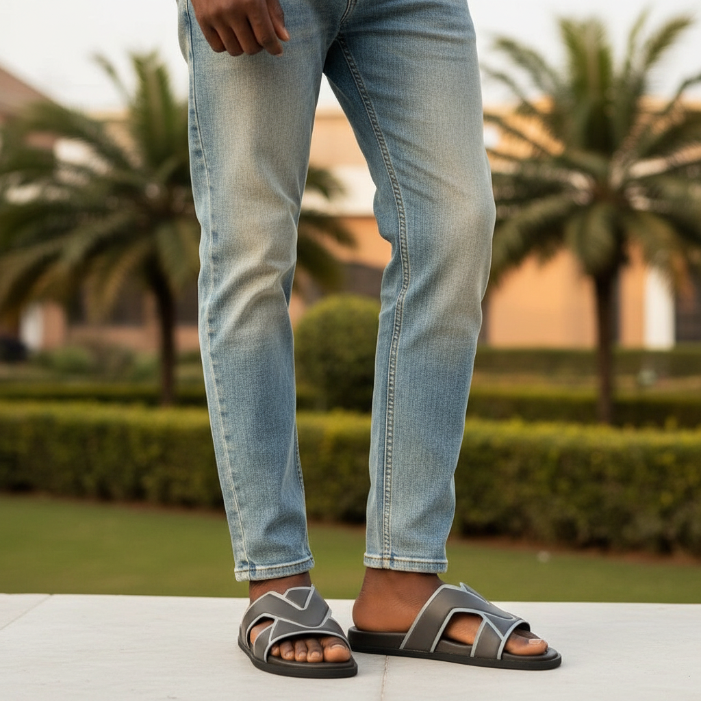 Men's cross-strap slide slippers in dark brown/khaki with grey trim - leg-focused model shot