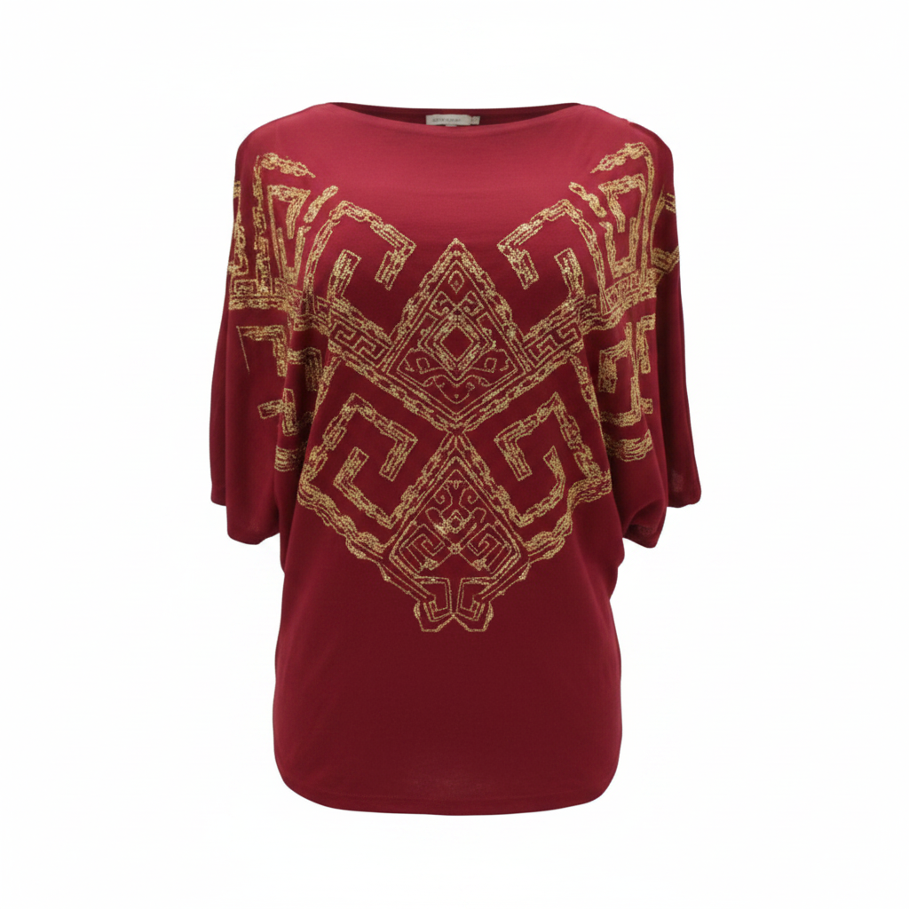 Women's Gold Embroidered Batwing Top – Ghost Mannequin Red