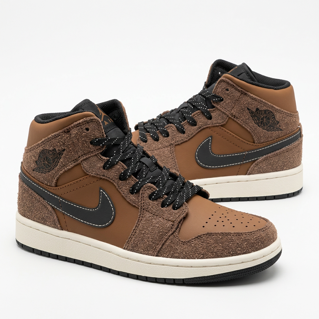 Pair of textured brown mid-top sneakers on a white background