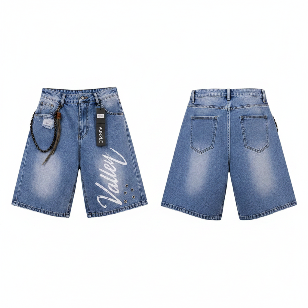 Men's light blue cursive script rhinestone stud denim shorts ghost mannequin front and back view