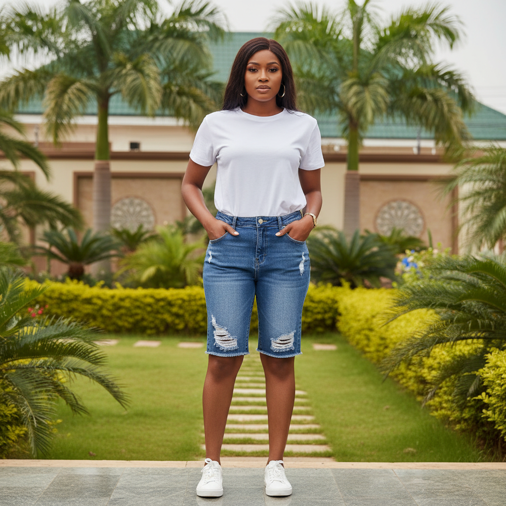 Women's blue distressed denim shorts - female model shot