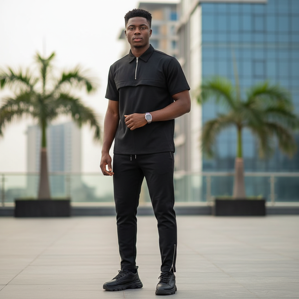 Black unisex utility co-ord set on Nigerian male model