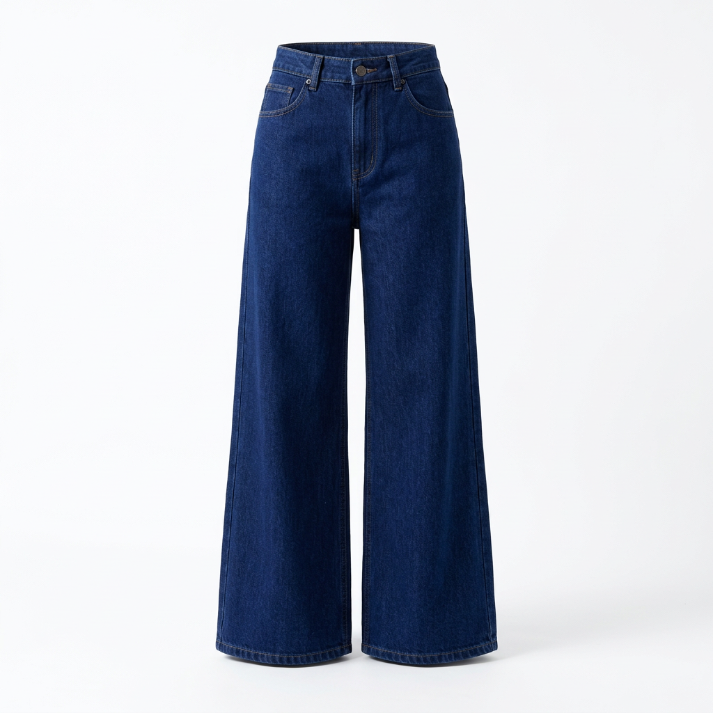 Deep blue full-length wide-leg jeans on an invisible mannequin against white