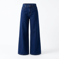 Deep blue full-length wide-leg jeans on an invisible mannequin against white