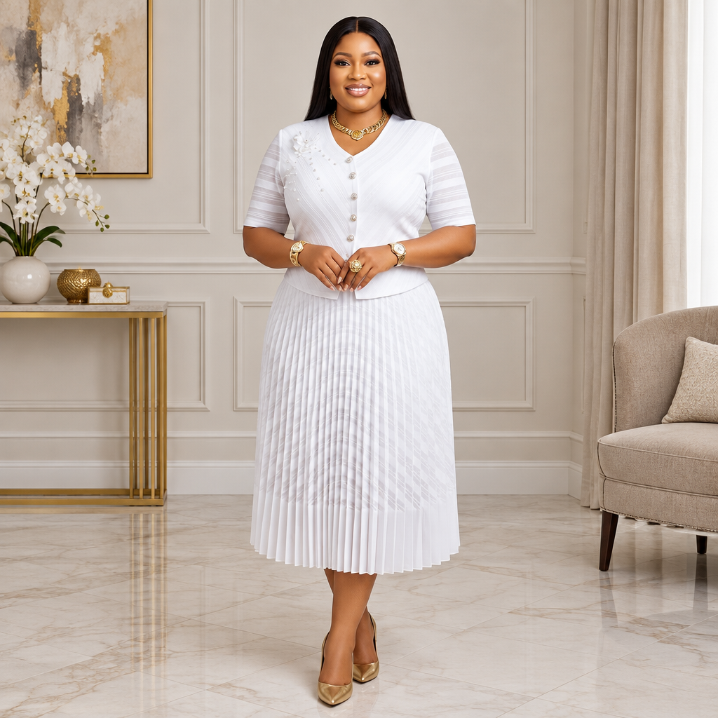 Adult Black woman wearing a white V-neck pleated dress