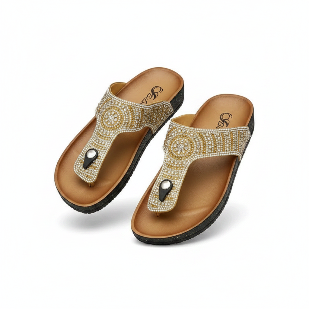 Women's Rhinestone Mandala T-Strap Thong Sandal - Gold Ghost Mannequin