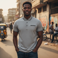 Young Nigerian male model wearing grey zip pocket polo shirt