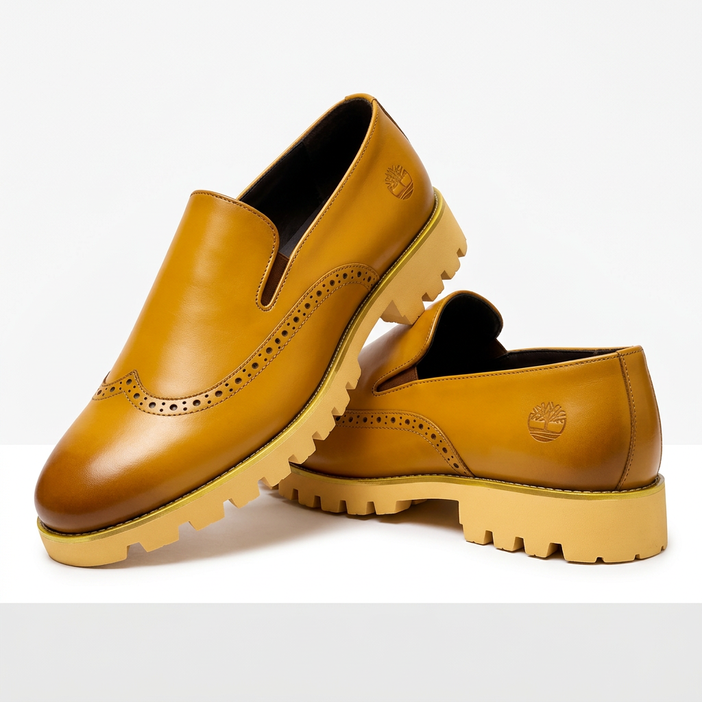 Pair of golden-tan brogue slip-ons with matching lug soles on white