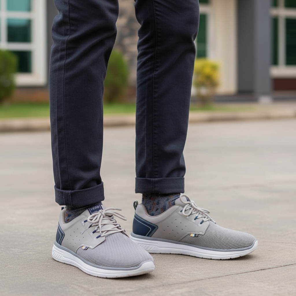 Nigerian male model wearing light grey knit casual sneakers with navy accent, Gen Z street style leg shot