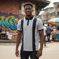 Young Nigerian male model wearing grey black vertical stripe polo shirt