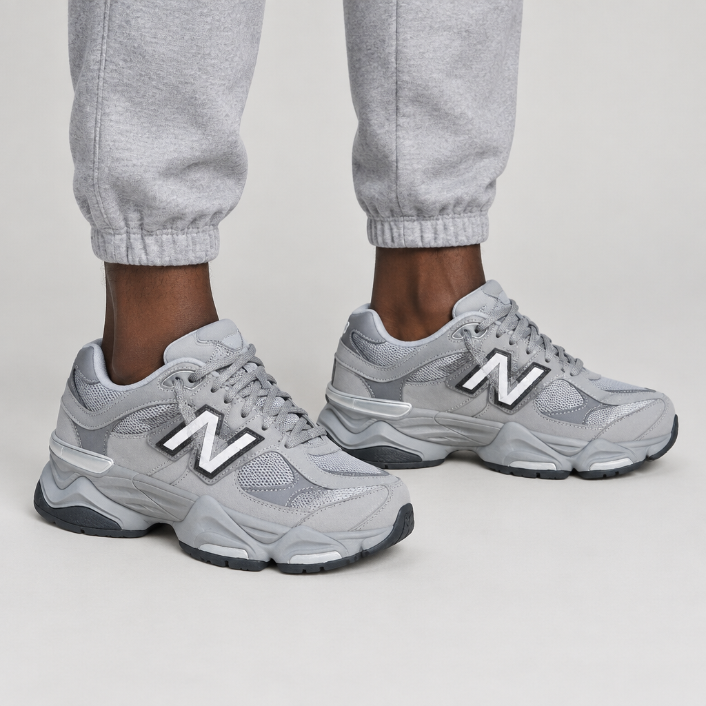 Light gray mesh running sneakers worn by a model, shown from the legs down