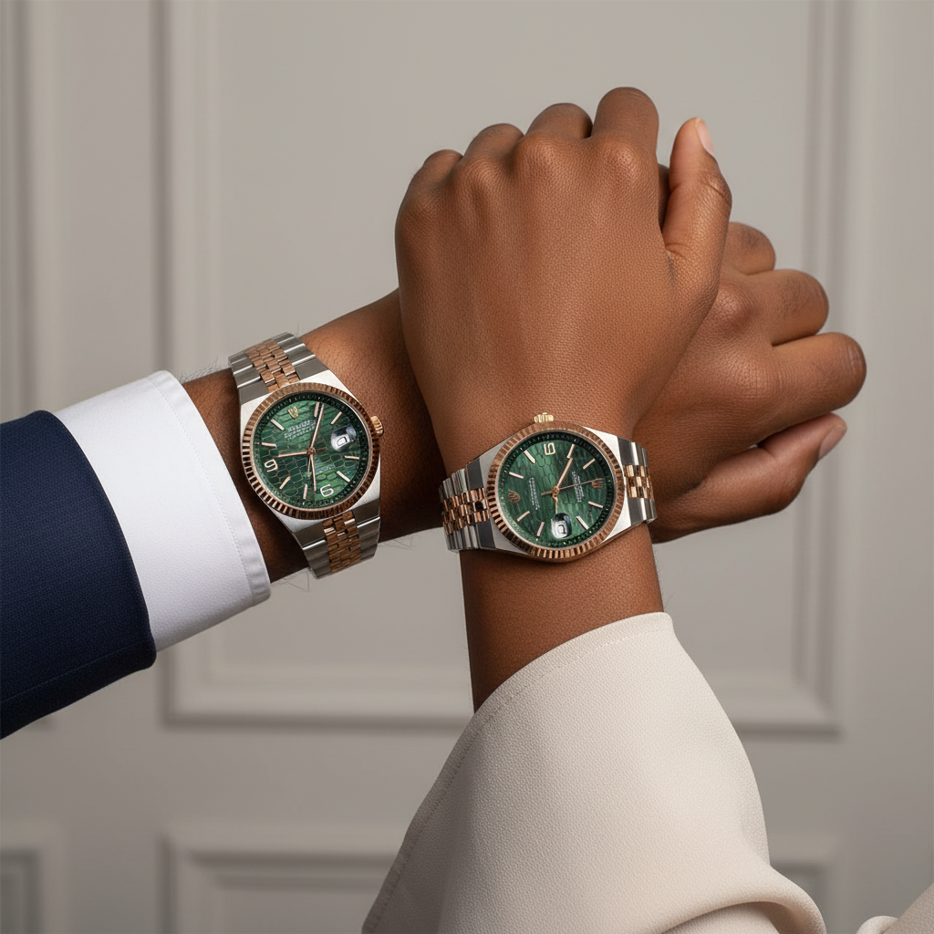 Nigerian male and female model wrist shot — green two-tone couple watch