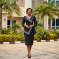 Nigerian female model wearing women's black houndstooth trim wrap bodycon midi dress