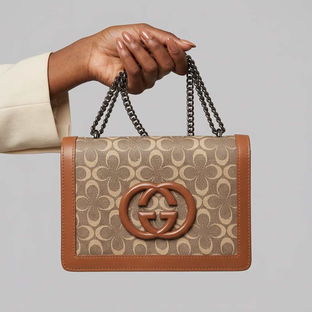Manicured Black woman's hand holding brown-trim patterned chain bag