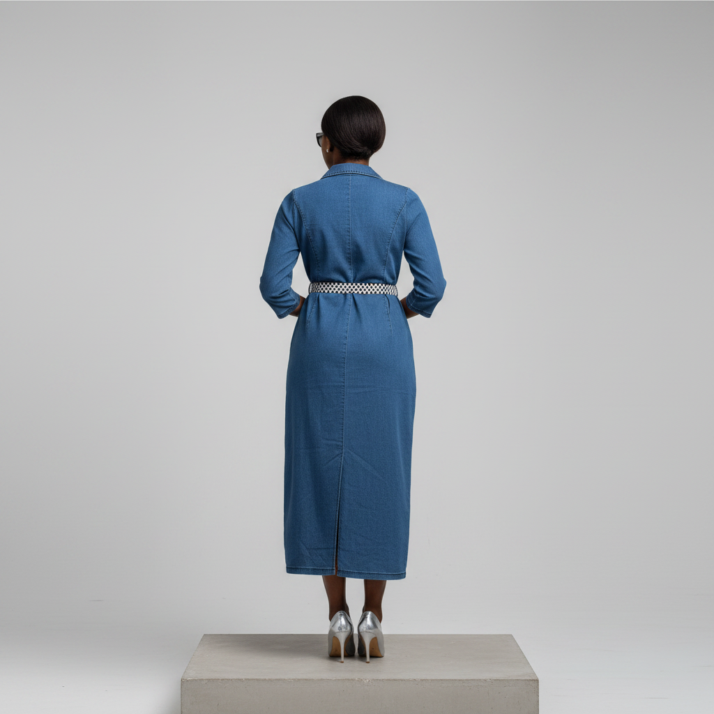 Blue Denim Zip-Front Maxi Dress – Back Model