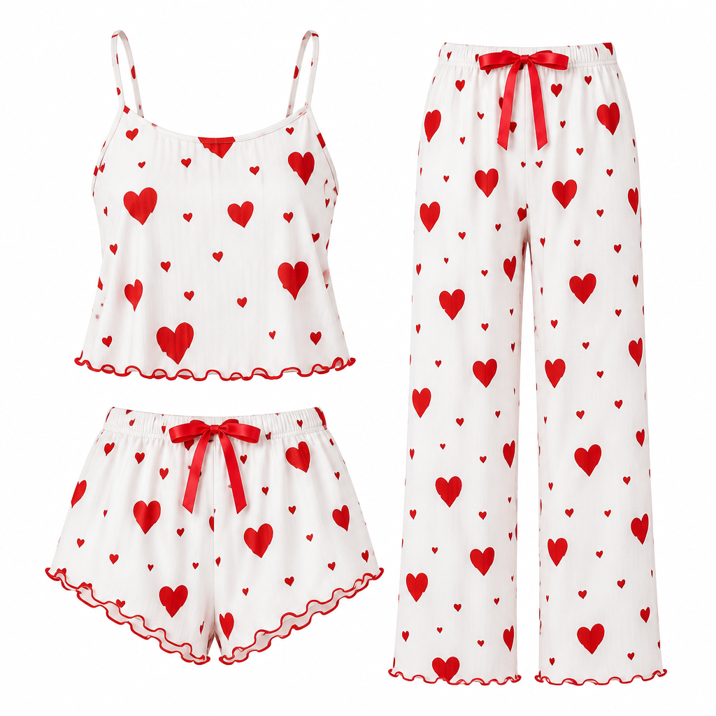 3-in-1 Heart Print Cami Pyjama Set – White Red Hearts