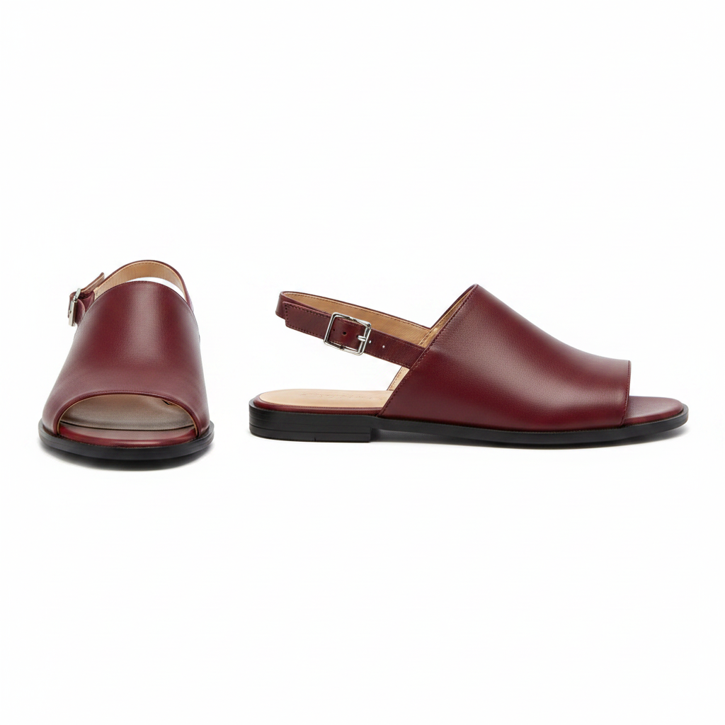 Women's red burgundy open-toe slingback sandal – ghost mannequin pair front and side view