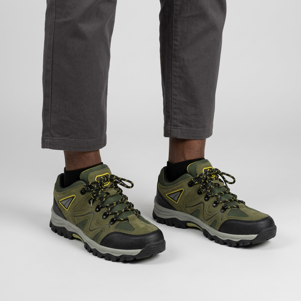 Lower-leg view of Nigerian man wearing both olive trail-style shoes