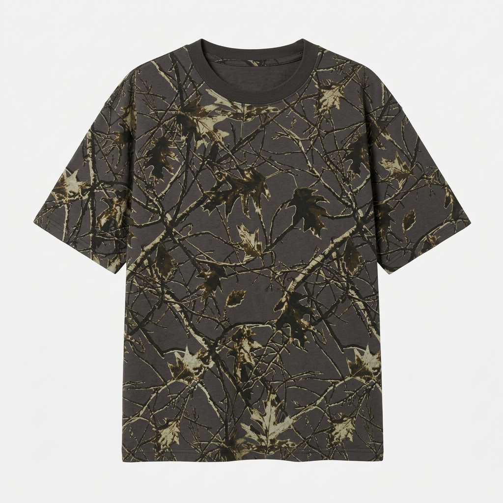 Charcoal woodland-print crew-neck T-shirt, ghost mannequin front view